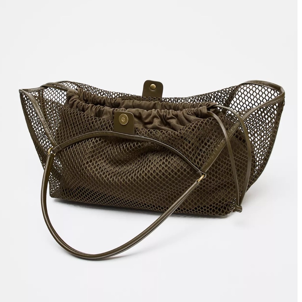Zara Mesh Shopper Bag Olive Green NWT - Picture 3 of 7